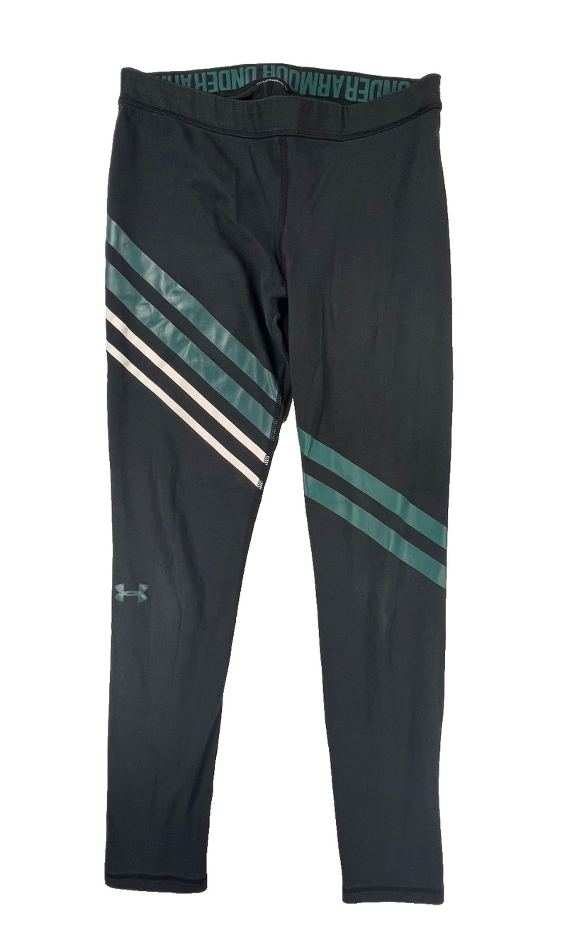 Under Armour Black with Green Stripes Running Workout Leggings (Women's Medium)